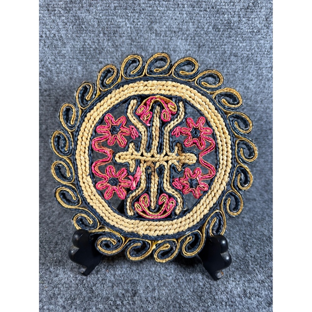 Vintage Hand Woven Raffia Trivet Wall Hanging Pink Gold Black Straw Bohemian